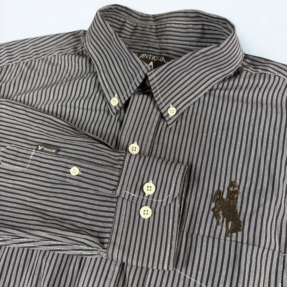 Wyoming Cowboys Shirt Mens L Brown Antigua Striped‎ Long Sleeve Button Up Casual